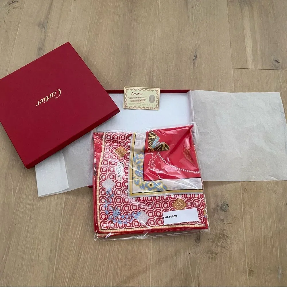 NEW Cartier Paris Red White Silk Crepe Butterflies Moth Square Scarf Shawl